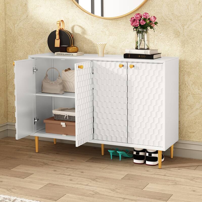 Hexagon Honeycomb Storage Cabinet, 4 Door Modern Buffet with Gold Legs