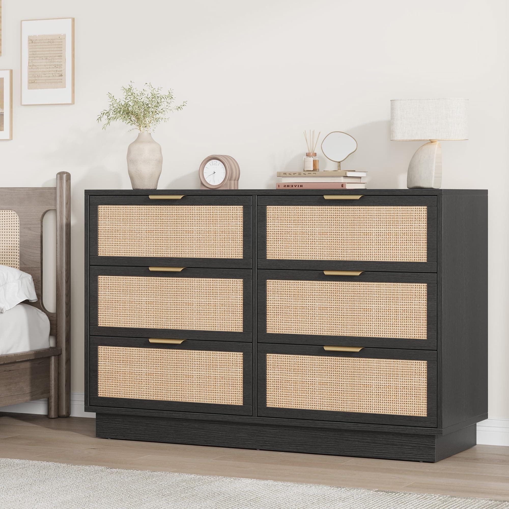 6-Drawer Rattan Wooden Chest of Drawers with Integrated Cabinet Body & Legs for Bedroom or Closet, Easy Assembly