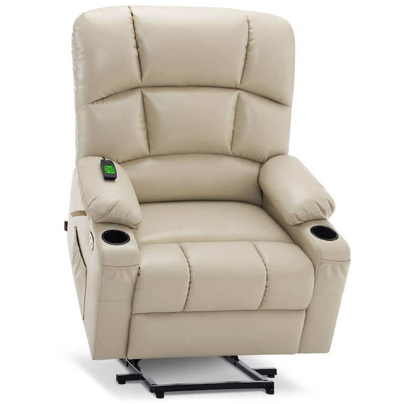MCombo Large-Wide Lay Flat Dual Motor Power Lift Recliner Chair Sofa with Massage and Heat, Faux Leather R7688 - Beige