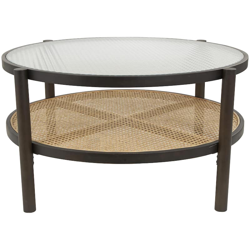 Rattan Living Room Coffee Table with Pressed Tempered Glass Top - Brown - Roche River Decor - Brown - 34"W,17"H