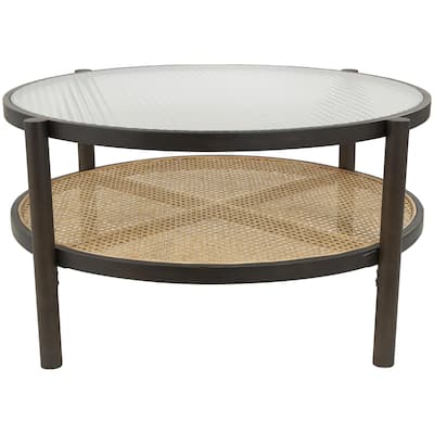 Rattan Living Room Coffee Table with Pressed Tempered Glass Top - Brown - Roche River Decor