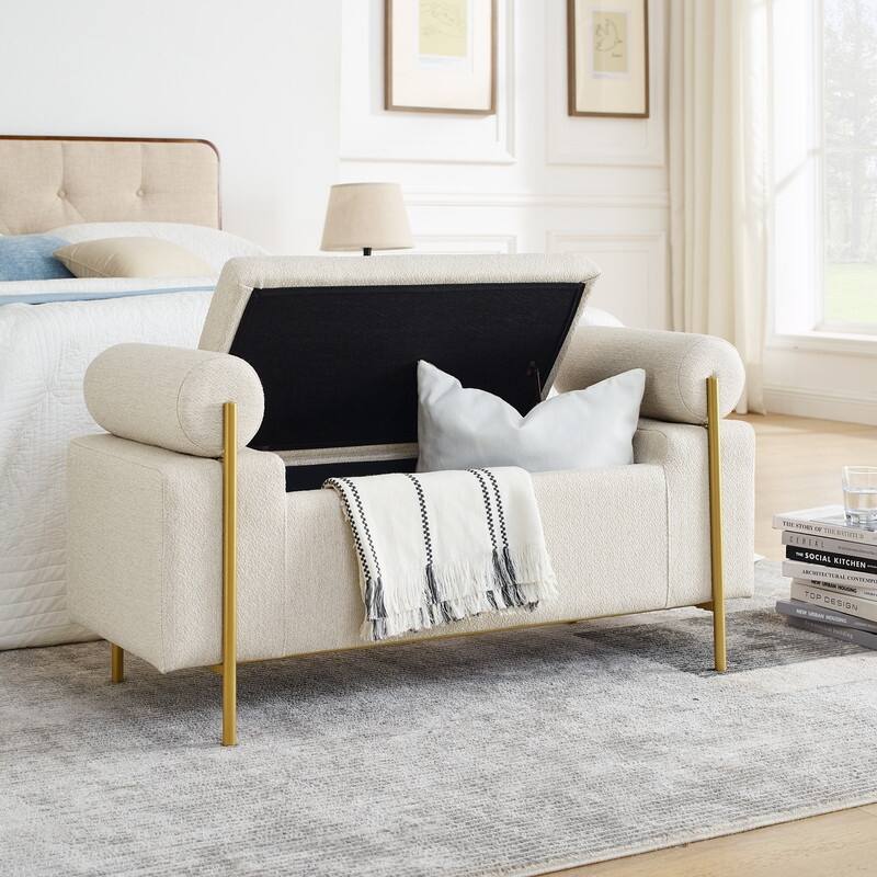 Morden Velvet Upholstered Storage Ottoman Bench, Elegant Footstool with Rolled Arms and Iron Legs for Bedroom, Hallway