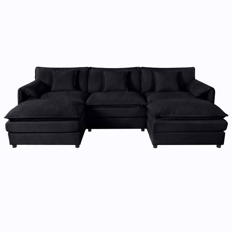 U-shaped Chaise Sectional Sofa Chenille Modular Couch with Thickened Seat Cushions, Armrest Pillows and Side Pockets