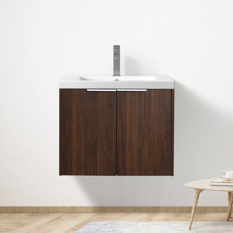 Wood Wall-Mounted Bathroom Vanity Set with Integrated Resin Sink