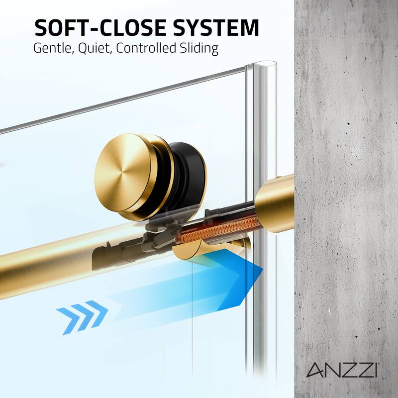 Mountain 60-inch Reversible Frameless Sliding Deco-Glass Shower Door with Soft-Close System