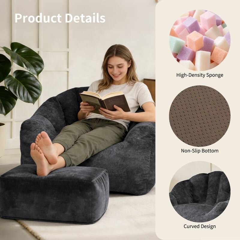 High-Density Foam Bean Bag Chair with Armrests, Comfortable Lounger for Living Room & Bedroom