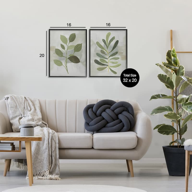 Stupell Green Leaf Branches on Grey Framed Giclee Art Design By Lanie Loreth (Set of 2)