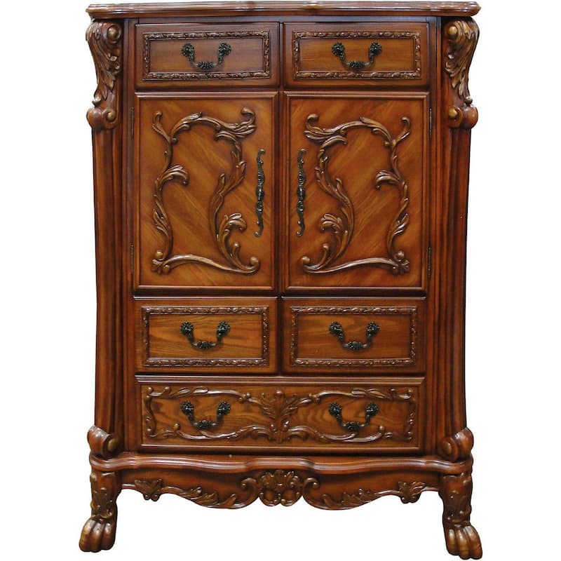 Imperial Style Wooden Chest With 5 Drawers and 2 Door Cabinets, Cherry Oak Brown
