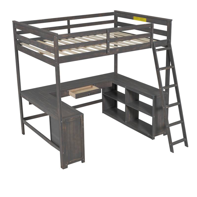 Full Size Loft Bed with U-shaped Desk, Drawers, and Storage Shelves in Antique Brown