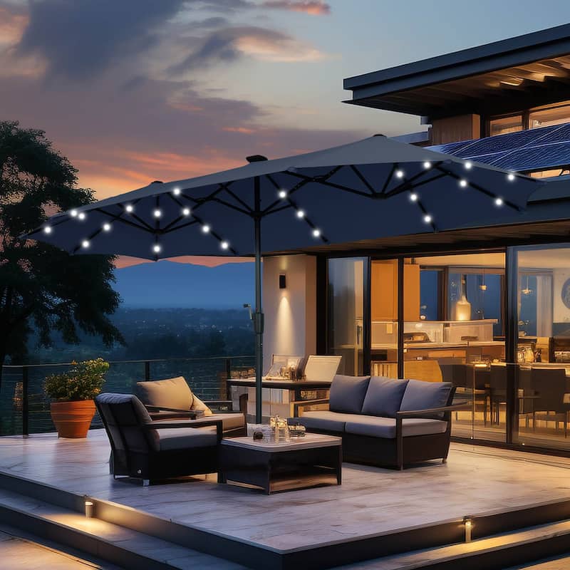Autlaycil 13ft Extra Large Patio Umbrella with Solar Lights(Without Base) - Navy Blue+Lights
