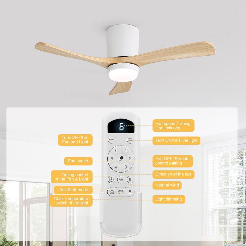 Sofucor 42“/52"/60"/48" Noiseless Walnut Wood Ceiling Fan with Remote Control, Integrated Light Optional