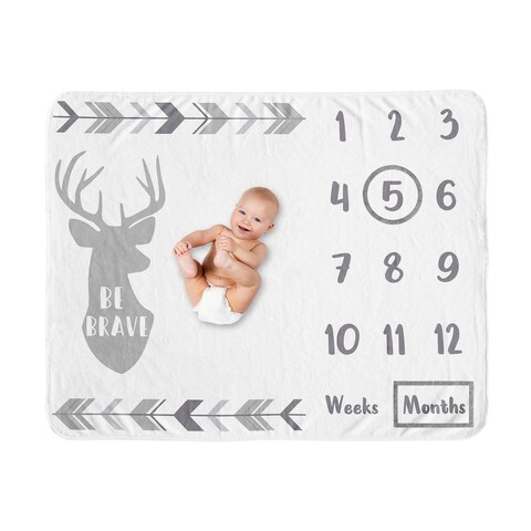 Grey Woodland Deer Boy or Girl Baby Monthly Milestone Blanket - Gray and White Woodsy Arrow Forest Animal Gender Neutral Brave