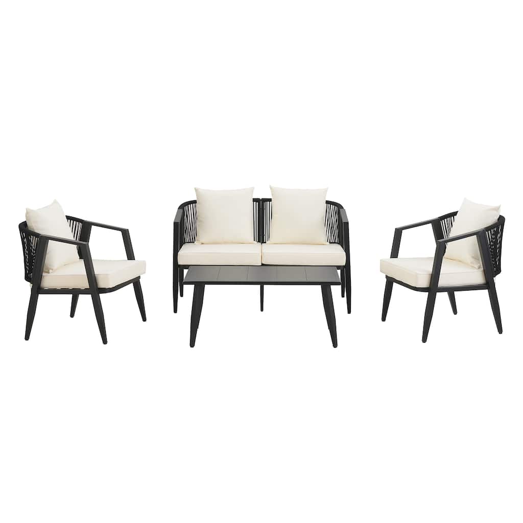 4 Piece Iron Patio Conversation Furniture Set with Weave Rattan Backrest