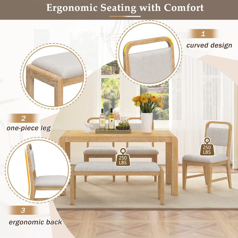 6-Piece Vintage Extendable Dining Table Set for 4-6 with 4 Upholstered Chairs & Bench, Rustic Wire-Brushed Kitchen Table