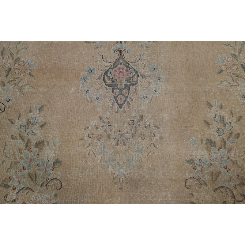 Distressed Floral Kerman Persian Area Rug Hand-knotted Wool Carpet - 10'1" x 14'1"
