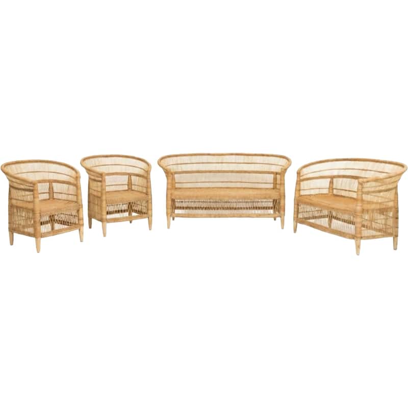 Handwoven Natural Rattan 4-Piece Indoor Seating Set - 2 Chairs, Loveseat, and 3-Seater Settee, Solid Wood Frame, Boho Farmhouse