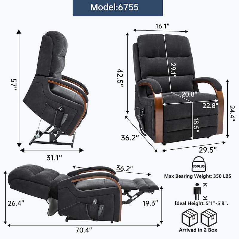 Chenille Power Lift Recliner Chair with Heat & Massage, Infinite Position Electric Recliner with Wood Armrests & Side Pockets - Black