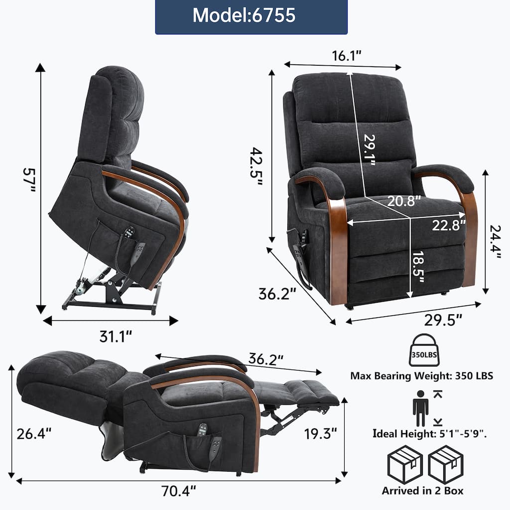 Chenille Power Lift Recliner Chair with Heat & Massage, Infinite Position Electric Recliner with Wood Armrests & Side Pockets