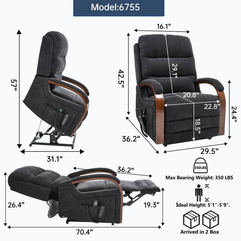 Roomfitters Dual Motor Power Lift Recliner, Infinite Position Massage Chair with Solid Wood Armrests, Chenille