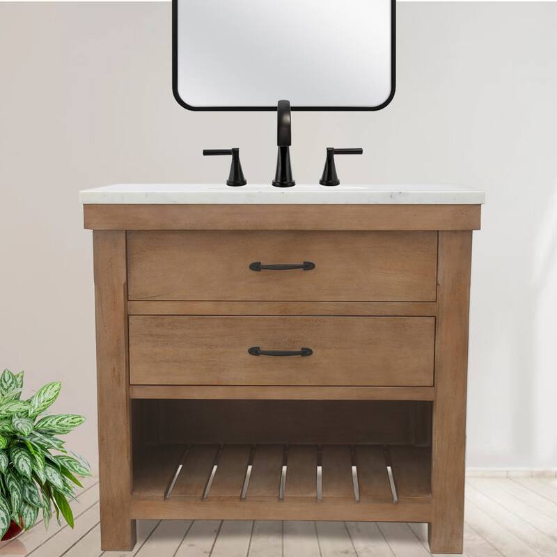 Deluxe natural finish vanity with 30 mm white marble top