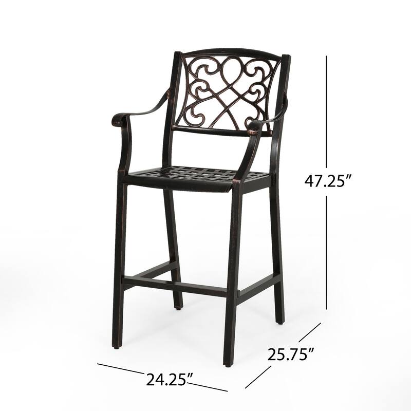 Roomfitters 2-Piece Outdoor Metal Bar Stools, Cast Aluminum Patio Dining Chairs with Ornate Scrollwork Backrest, Copper