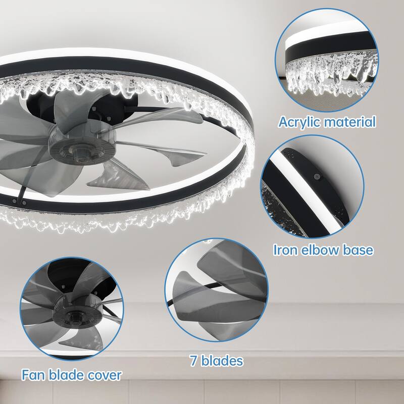 Modern LED Ceiling Fan with Light - 24" Dimmable Ceiling Light with Invisible Blades and Crystal Design - Black