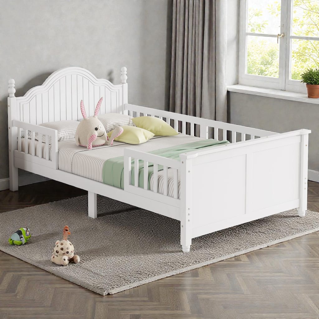 Kids Wooden Platform Bed with Safety Guardrails, Low Profile Bed with Headboard and Footboard
