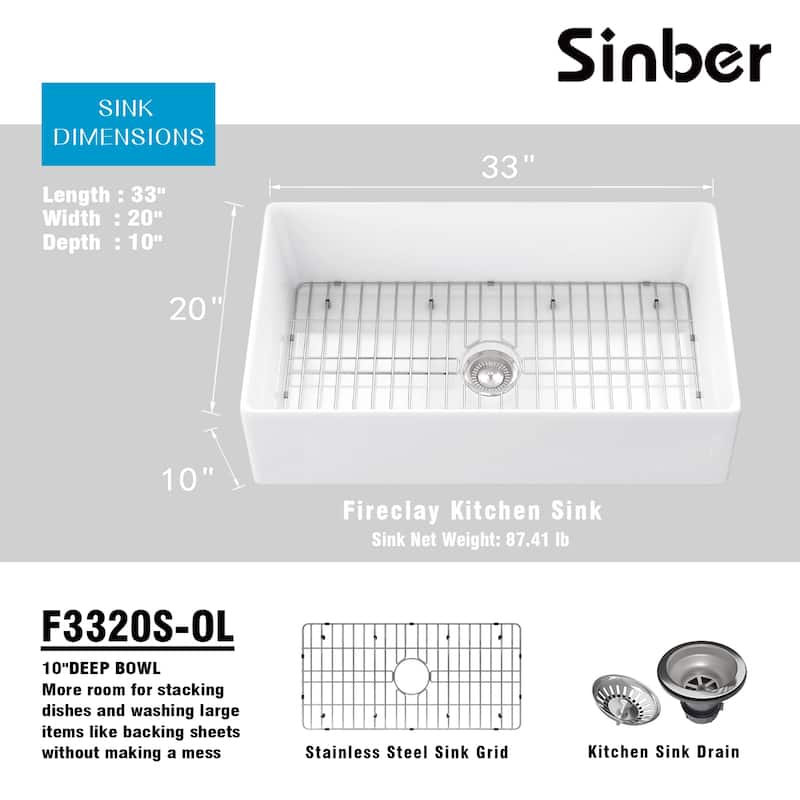 Sinber Farmhouse Apron Single Bowl Kitchen Sink with Fireclay White Finish
