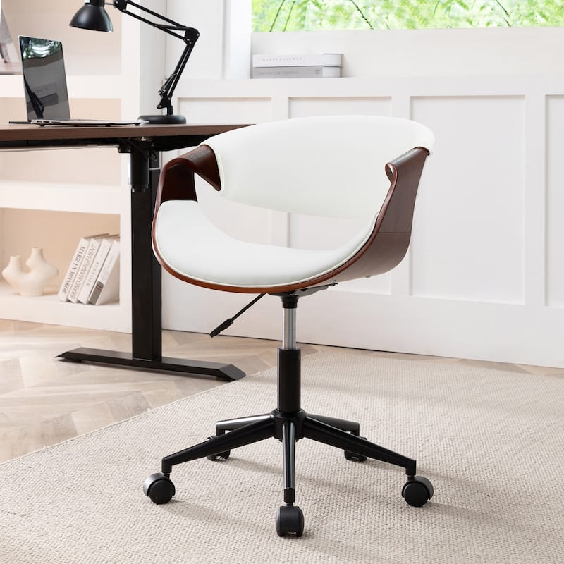 Porthos Home Elio Faux Leather Mid Century Office Chair with Black Metal Base - White