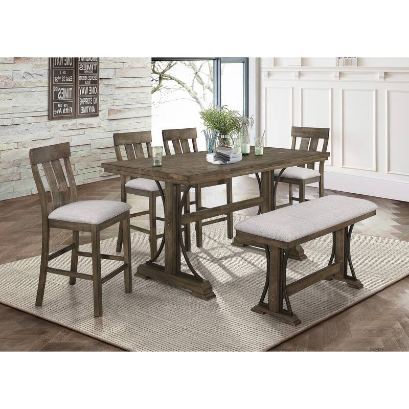 1Pc Transitional Counter Height Bench Upholstered Seat Brown/Gray Fabric Wood Metal Dining Room