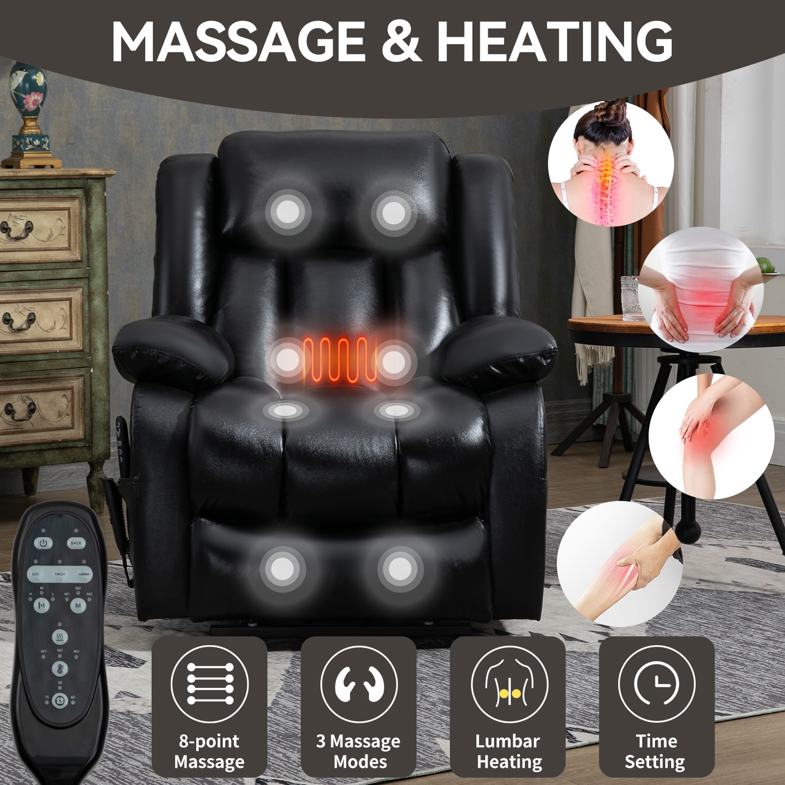Black Leather Power Lift Recliner Chair w/8-Point Vibration Massage