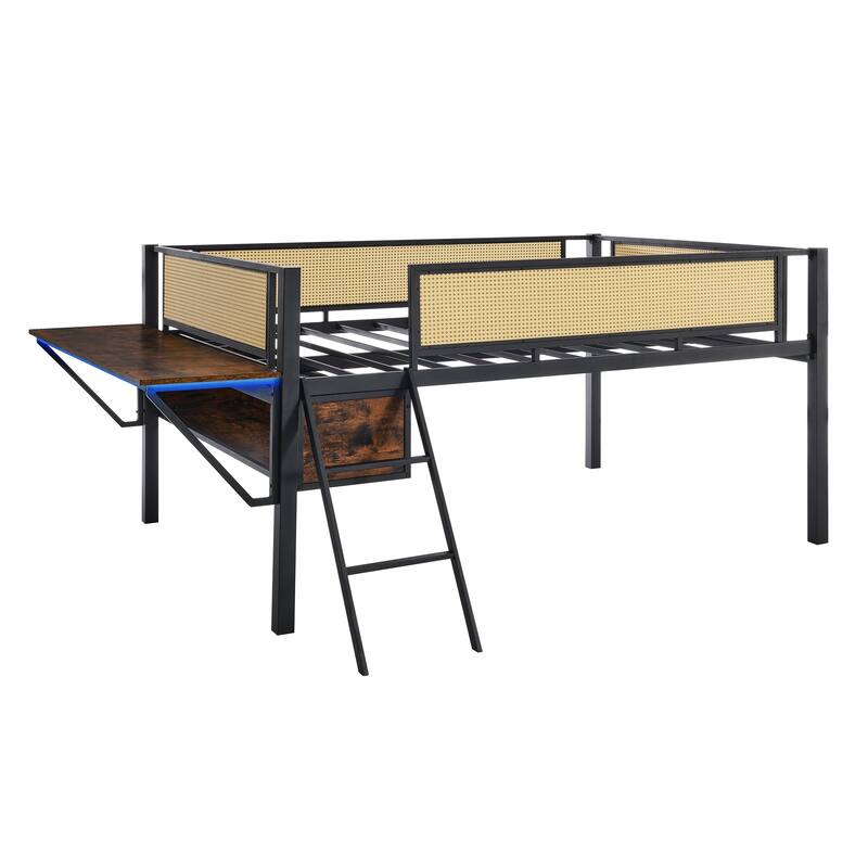 Black+Brown Full Size Metal Loft Bed with Rectangular Desk and Storage