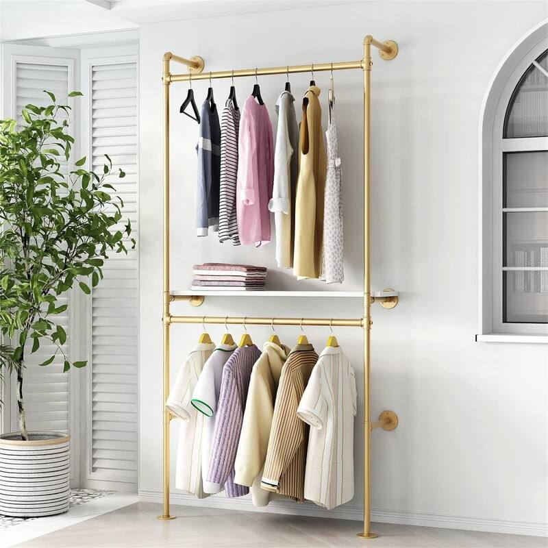 Industrial Pipe Clothing Racks with 2 Tier Shelves - Gold-1shelf - 11.8"D x 37.4"W x 86.6"H