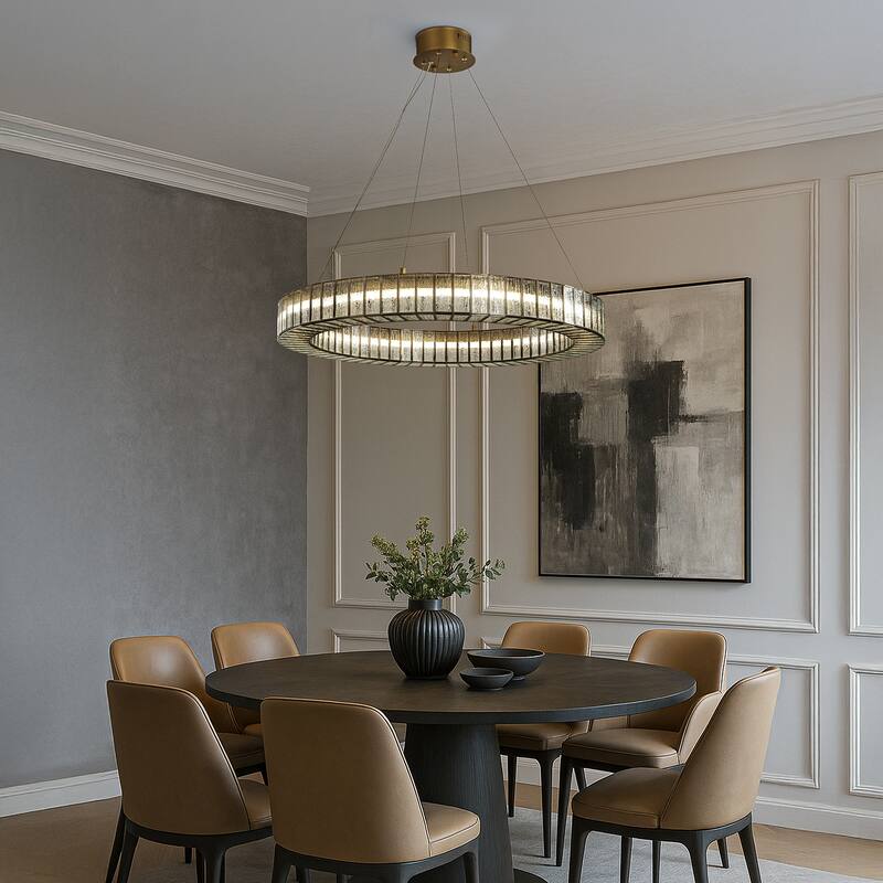 34'' Modern Halo Round Textured Glass Integrated Led Chandelier Brass Empire Led Ceiling Light For Dining Room Living Room