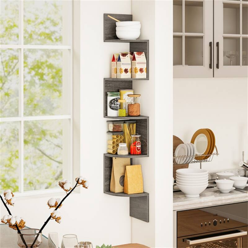 5-Tier Floating Corner Shelf Wall Mounted Organizer for Living Room Bedroom or Kitchen - 8" x 8" x 50"