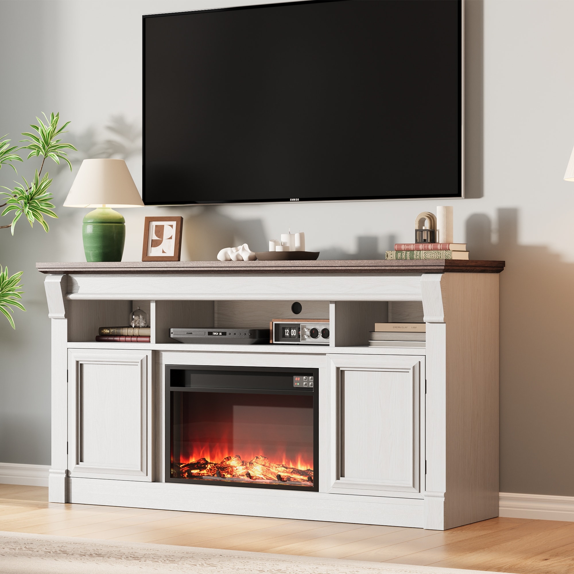 59" Farmhouse TV Stand for TVs Up to 65 Inches, Open Storage Cabinets