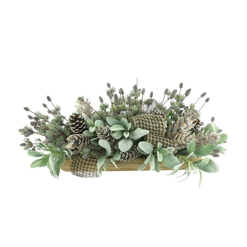 Holiday Bundle with 31" Evergreen Wreath and Centerpiece - Green, White - 28Hx31Wx14D, 13Hx33Wx16D