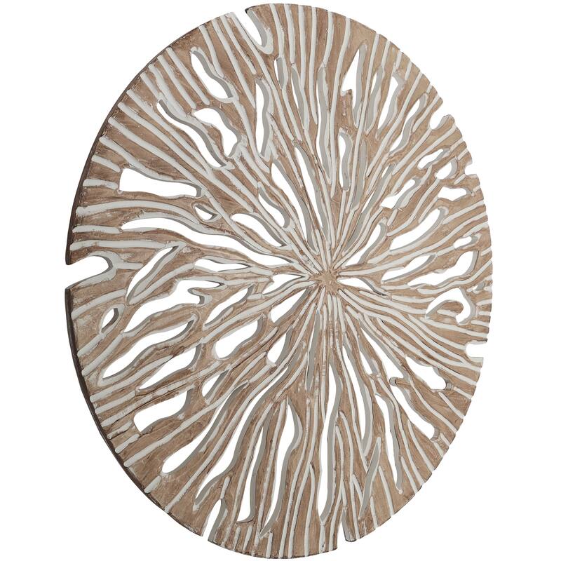 Beige Wood Handmade Intricately Carved Starburst Home Wall Decor with White Accents