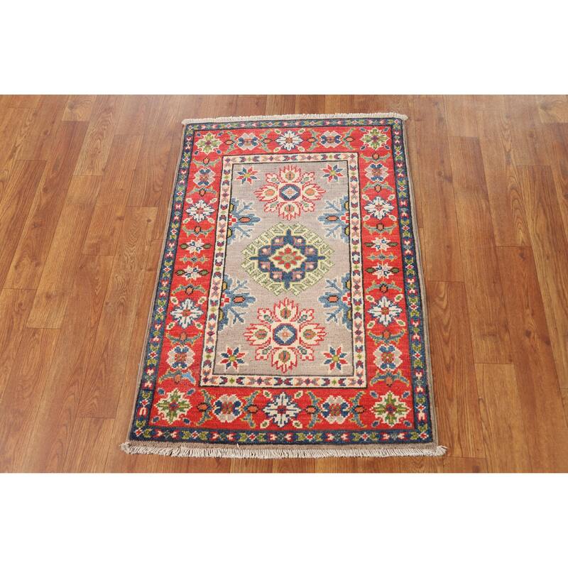 Hand Knotted Oriental 100% Wool Carpet Traditional Geometric Greys & Charcoal Kazak Area Rug - 3' 0'' X 2' 0''