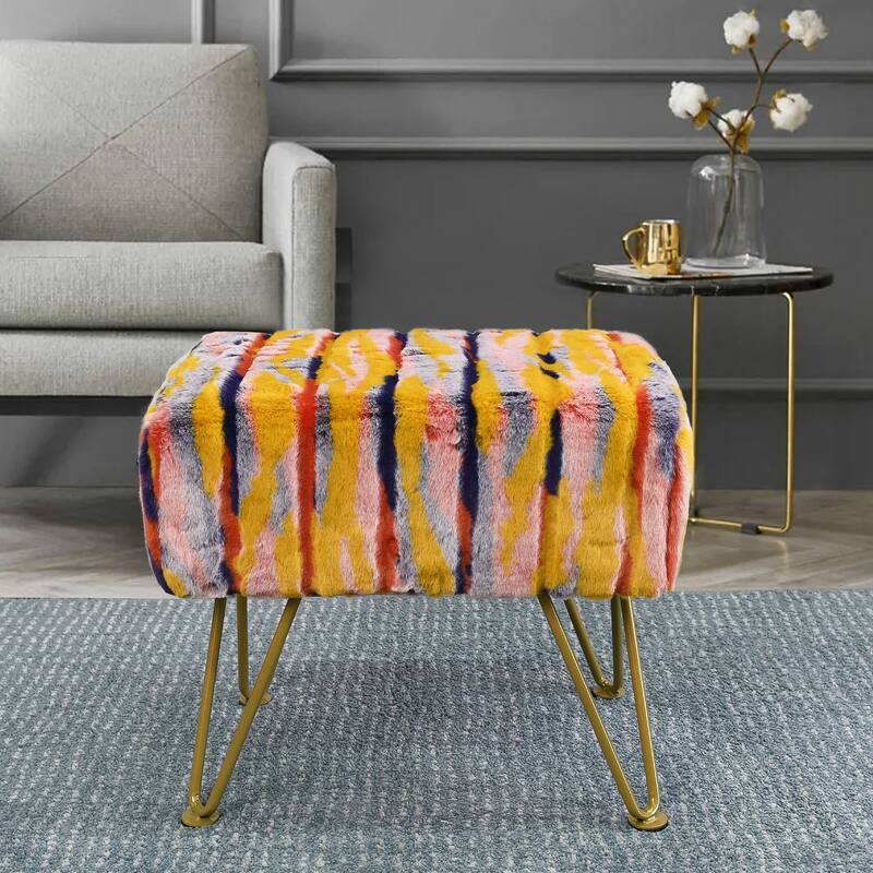 Home Soft Things Multi Jacquard Fauxfur Rectangle Ottoman - 19''x13''x7'' - Orange