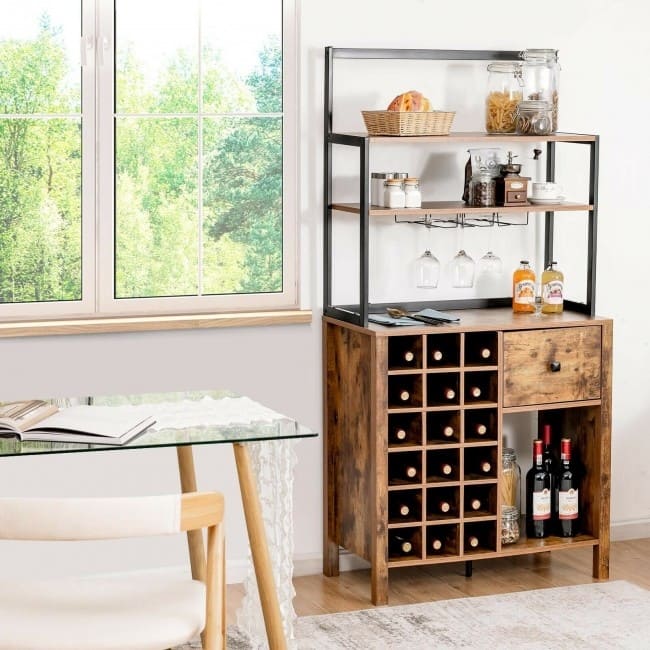 Kitchen Bakers Rack Freestanding Wine Rack Table with Glass Holder and Drawer - 31" x 16" x 64" (L x W x H)