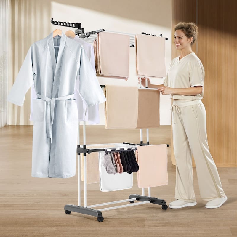 Foldable 4 Tier Clothes Drying Rack with 24 Rods and Wheels Heavy Duty Iron for Indoor Outdoor Use - 49.5" x 25" x 67.5"