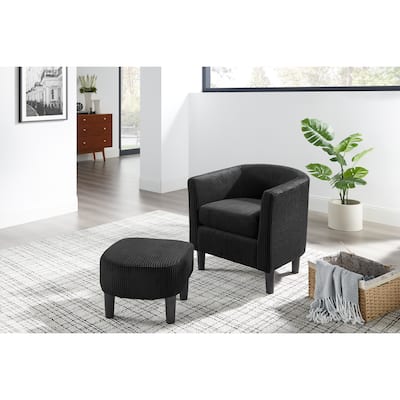 Modern Accent Chair, Black Corduroy Upholstered Single Sofa Chair Reading Chair Arm Chair with Ottoman for Living Room Bedroom