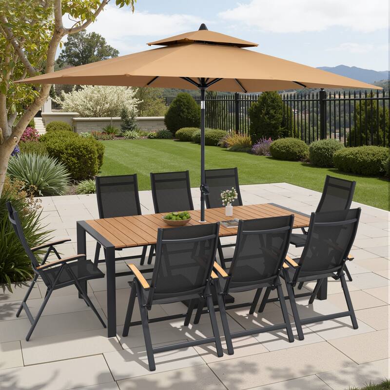 9/11-Piece Outdoor Patio Dining Set Aluminum Dining Table and Chairs w/10 ft Market Umbrella and Base - Set of 11 - Brown Table with Tan Umbrella