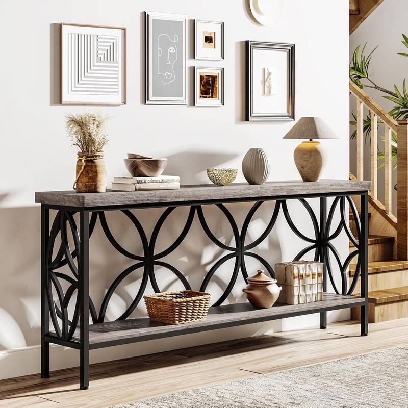 70.9 Inches Extra Long Industrial Console Table, Narrow Sofa Table Behind Couch with Open Storage Shelves, Metal Frame