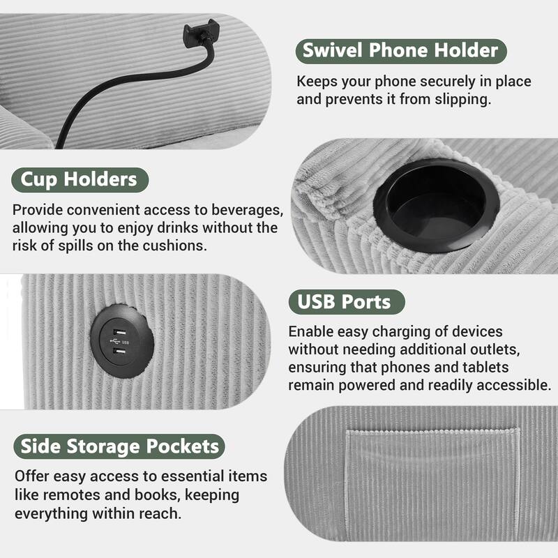 Roomfitters Corduroy Sleeper Sofa Loveseat with Full-Size Mattress, USB Ports, Cup Holders, Side Pockets