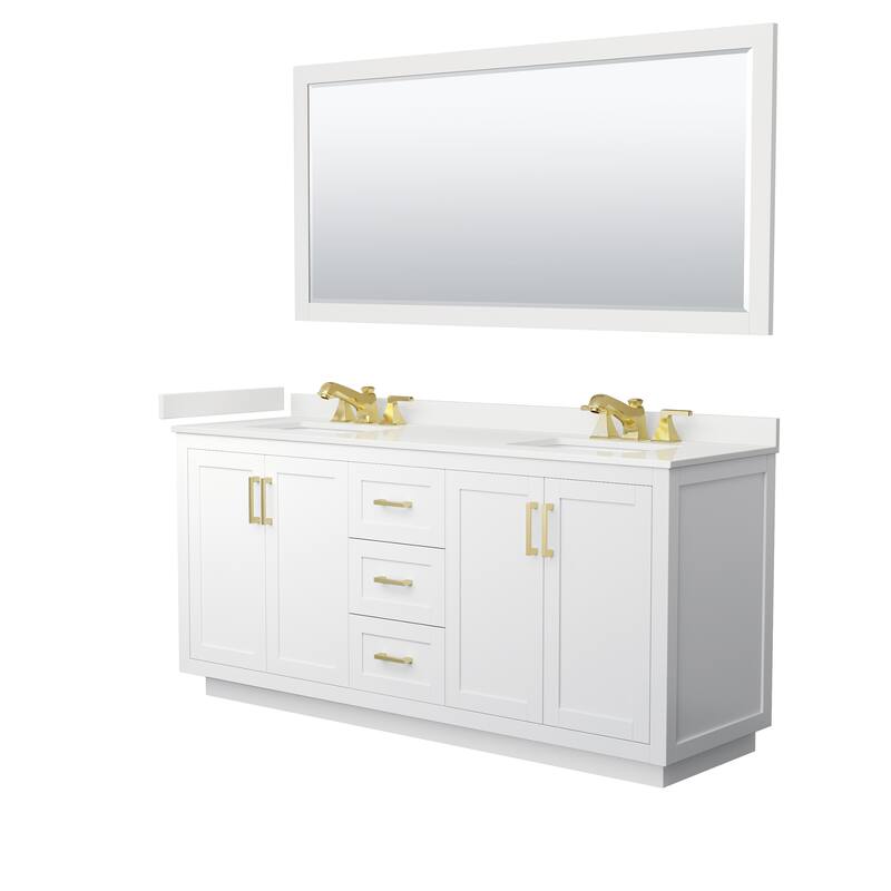 Miranda 72-inch Double Vanity, Quartz Top, 70-inch Mirror - White, Gold Trim, White Quartz Top