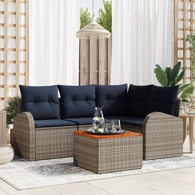vidaXL 5 Garden Sofa Set with Cushions Black/Grey Poly Rattan - 70.5 x 48.8 x 27.2
