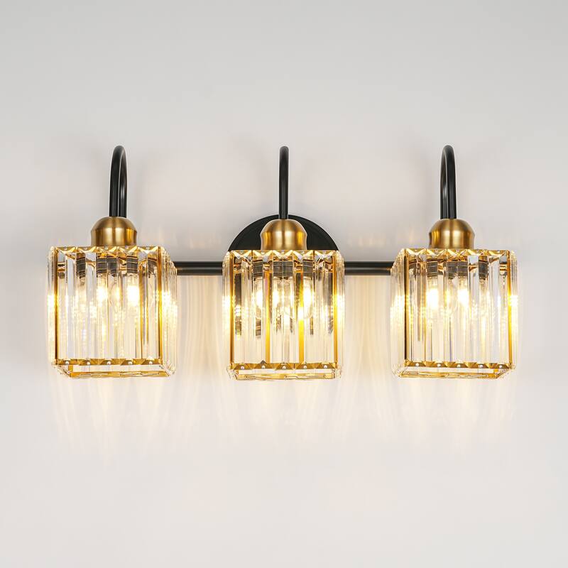 3/4-Light Mid-Century Modern Black and Gold Bathroom Vanity Light Cylinder Crystal Wall Sconces Lighting