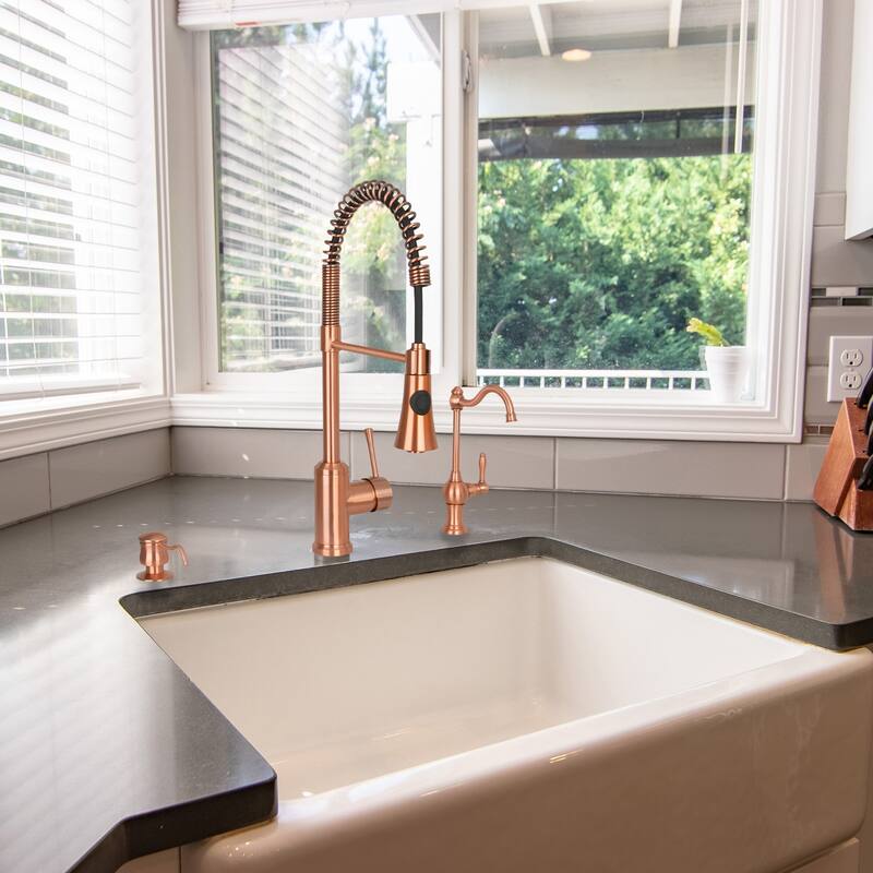 Copper Pre-Rinse Spring Kitchen Faucet, Single Level Solid Brass Kitchen Sink Faucets with Pull Down Sprayer - 8.9x20.9"